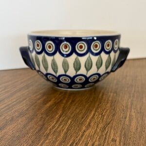 Polish Pottery Small Soup Bowl with double handle Boleslawiec “Peacock” pattern